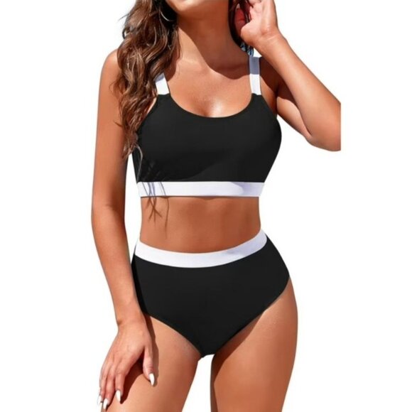Womens XL High Waisted Bikini Set Colorblock Design Black & White Beach Vacation - Picture 3 of 11